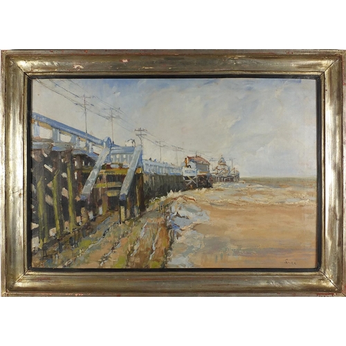 2035 - Coastal pier scene, oil on canvas, bearing an indistinct  signature, possibly Suce, framed, 75cm x 4... 