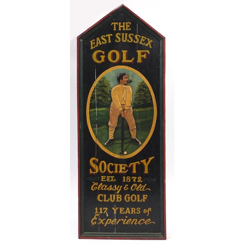 2048 - East Sussex Golf Society hand painted wooden hanging, 121cm H x 45cm W