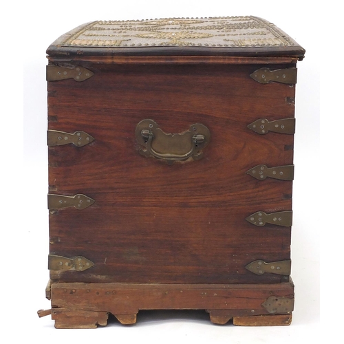 2003 - Colonial hardwood dowry chest with brass stud work, 73cm H x 127cm W x 62cm D