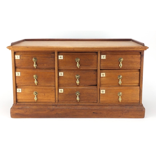 2012 - Nine drawer oak filing chest with brass handles, 34cm H x 61.5cm W x 28.5cm D