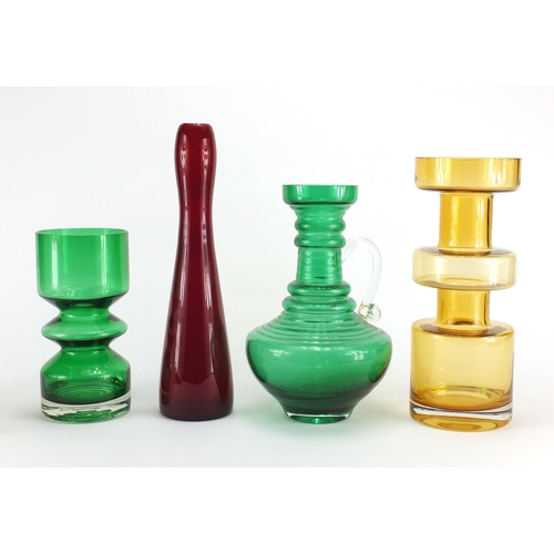 926 - Art glassware including a red glass vase and two Riihimäki vases, the largest 28cm high