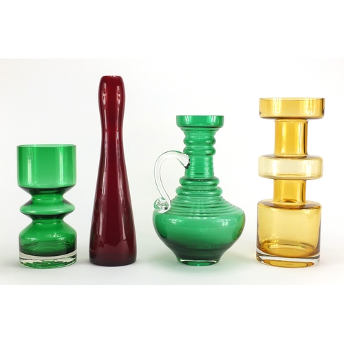 926 - Art glassware including a red glass vase and two Riihimäki vases, the largest 28cm high