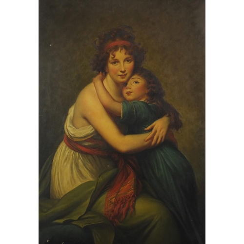 2037 - Mother and child in an interior, oil on canvas, Harrods label and inscription verso, framed, 90cm x ... 