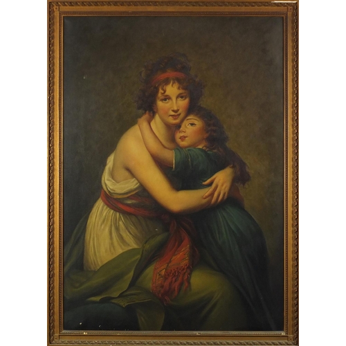 2037 - Mother and child in an interior, oil on canvas, Harrods label and inscription verso, framed, 90cm x ... 