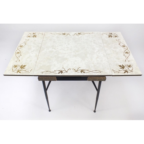 42 - Retro formica drawer leaf dining table, 75cm H x 68cm W x 68cm D