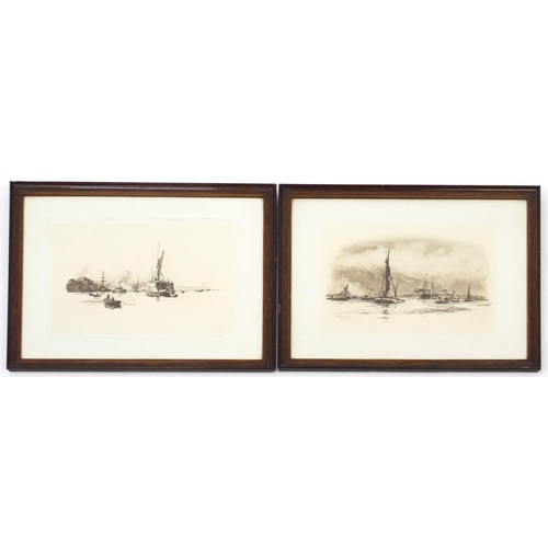 201 - W L Wyllie - Two prints of working boats, each mounted and framed, 34cm x 25cm