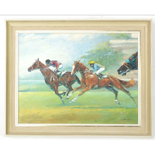202 - A M Webber - Racehorses , oil on board, dated 1978, framed, 40cm x 31cm