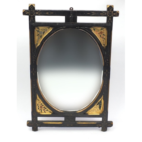 54 - Ebonised wood and hand painted framed wall hanging mirror, 89cm x 60cm