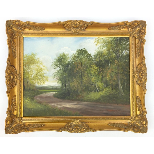 17 - R Price - Path through woodland, oil on board, gilt framed, 60cm x 45cm
