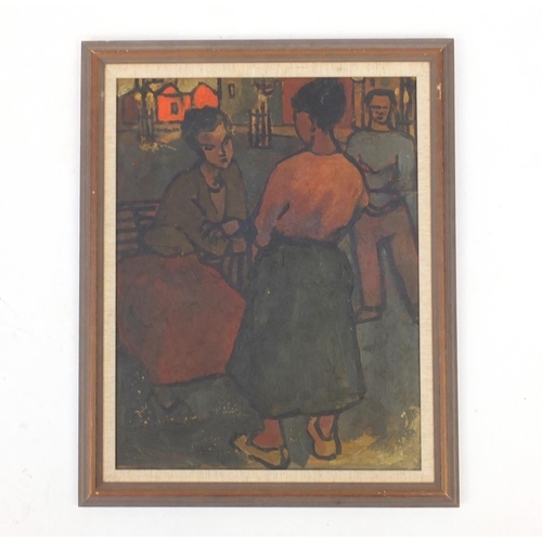 15 - Figures in a park, impressionist oil on board, bearing a Richard Gerlad Ernest Butler label verso, m... 