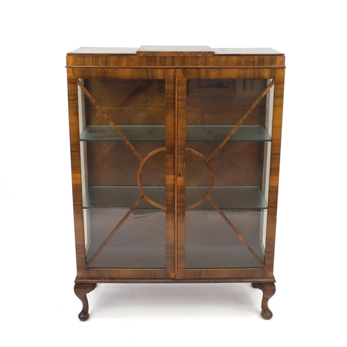 19 - Art Deco walnut display cabinet fitted with two glass shelves, 128cm H x 92cm W x 28cm D