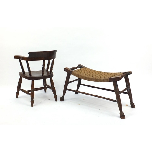 21 - Oak child's chair and an oak framed stool with wicker seat
