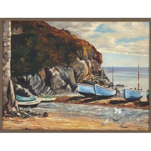 16 - J. Ralph - Moored boats, oil on board, gilt framed, 40cm x 30cm