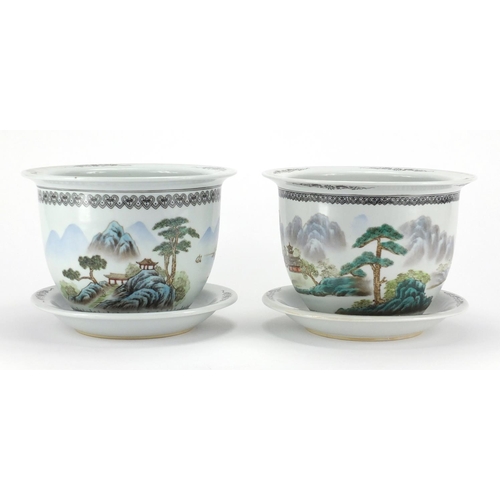 2044 - Pair of Chinese porcelain Republic style planters on stands, each hand painted in the famille rose p... 