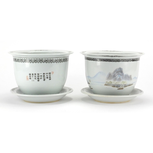 2044 - Pair of Chinese porcelain Republic style planters on stands, each hand painted in the famille rose p... 