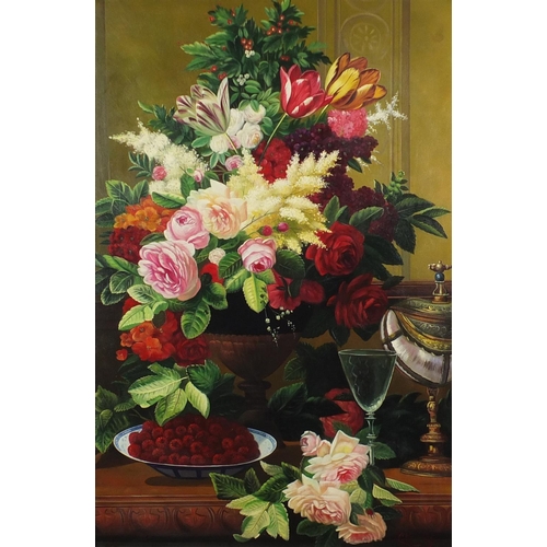 2036 - Still life flowers and raspberries, oil on board, bearing a signature C Kennedy, framed, 75cm x 50cm