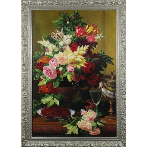 2036 - Still life flowers and raspberries, oil on board, bearing a signature C Kennedy, framed, 75cm x 50cm
