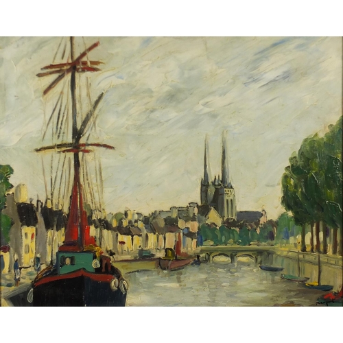 2039 - Moored boats before a cathedral, French school impressionist oil on board, bearing a signature Marqa... 