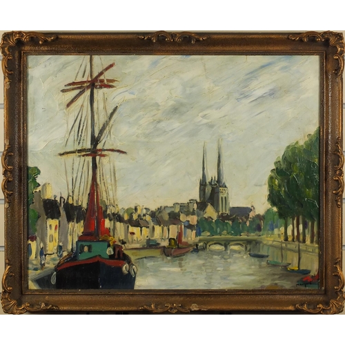 2039 - Moored boats before a cathedral, French school impressionist oil on board, bearing a signature Marqa... 