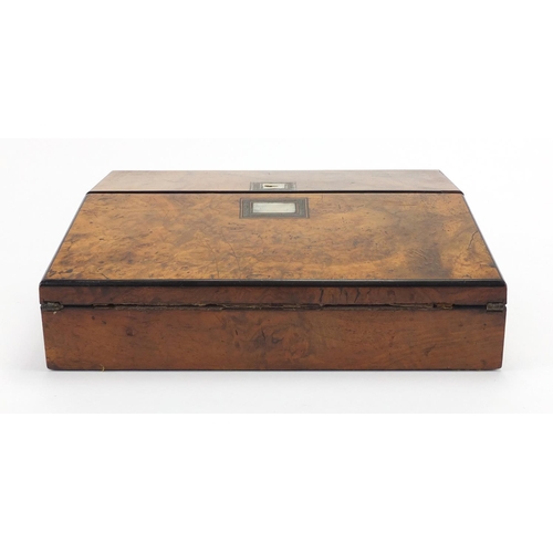2032 - Victorian inlaid burr walnut writing slope, with fitted interior, 10cm H x 30.5cm W x 24cm D