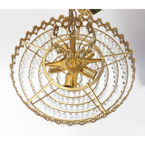 2024 - Pair of brass seven tier chandelier with glass drops, 35cm high x 39cm in diameter