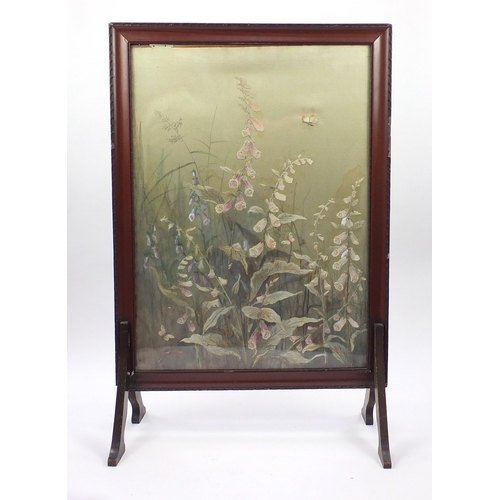 2015 - Mahogany framed silk tapestry fire screen, with foxglove flowers and a butterfly, 107cm x 69cm
