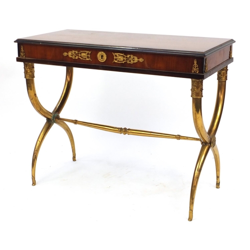 8 - French Empire design centre table, with hinged lift up top on brass X frame supports, 75cm H x 95cm ... 