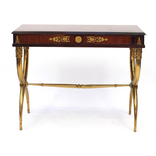 8 - French Empire design centre table, with hinged lift up top on brass X frame supports, 75cm H x 95cm ... 