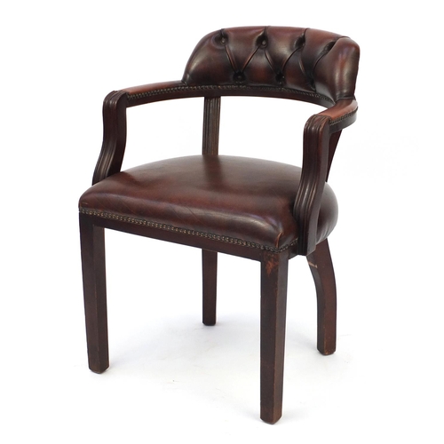 25 - Mahogany framed desk chair with brown leather button back upholstery, 80cm high