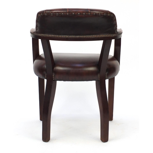 25 - Mahogany framed desk chair with brown leather button back upholstery, 80cm high