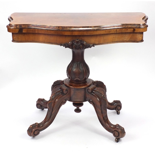 2009 - Victorian burr walnut folding card table with serpentine outline and scrolled feet, 73cm H x 87cm W ... 