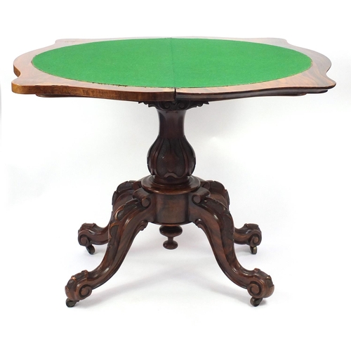 2009 - Victorian burr walnut folding card table with serpentine outline and scrolled feet, 73cm H x 87cm W ... 