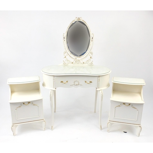 44 - Cream and gilt kidney shaped dressnig table with mirrored back and two matching bedside cupboards