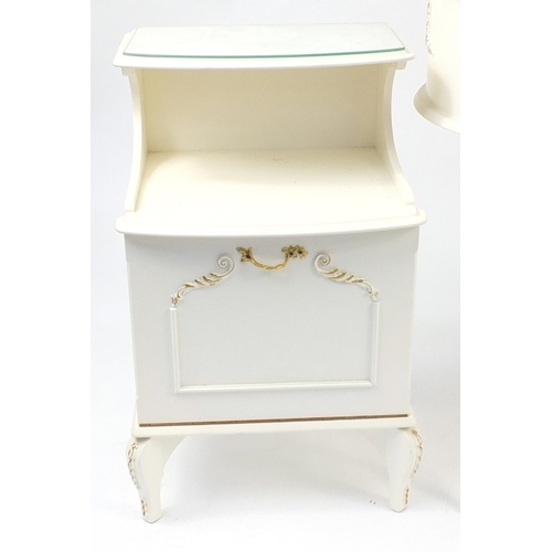 44 - Cream and gilt kidney shaped dressnig table with mirrored back and two matching bedside cupboards