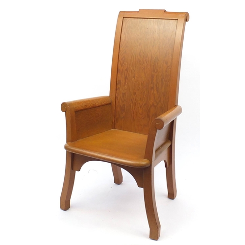 30 - Pitch pine hall chair, 122cm high (removed from local church)