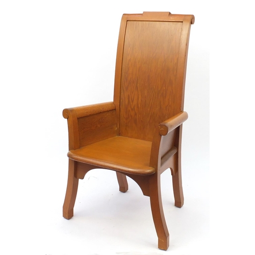 29 - Pitch pine hall chair, 122cm high (removed from local church) (option)
