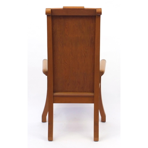 29 - Pitch pine hall chair, 122cm high (removed from local church) (option)