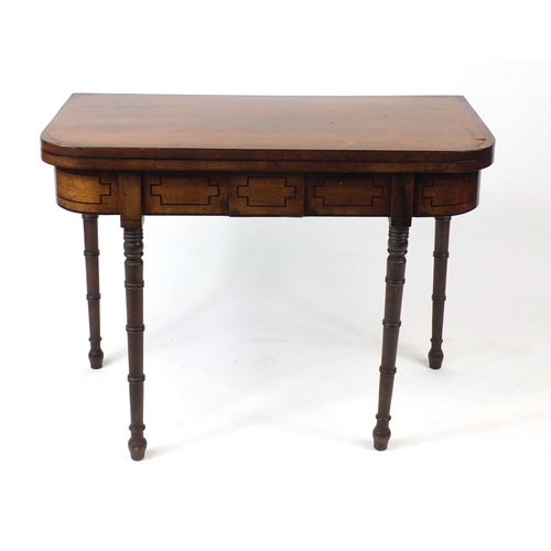 22 - Victorian inlaid mahogany folding card table, 70cm H x 91cm W x 45cm D (closed)