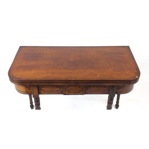 22 - Victorian inlaid mahogany folding card table, 70cm H x 91cm W x 45cm D (closed)