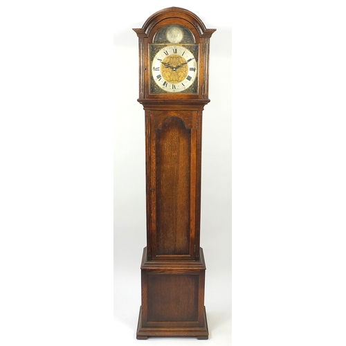 11 - Oak Enfield long case clock with Westminster chime, 194cm high