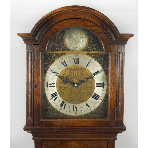 11 - Oak Enfield long case clock with Westminster chime, 194cm high