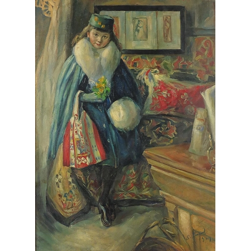 33 - Female in an interior holding flowers, oil on board, bearing an indistinct signature Prid? label ver... 