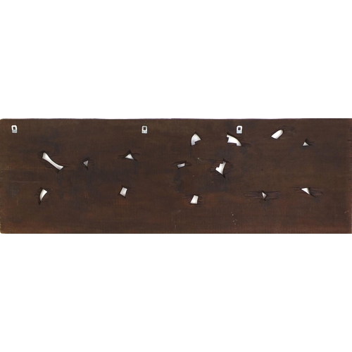 37 - Large rectangular hardwood panel carved and pierced with deer's amongst trees, 150cm x 49cm