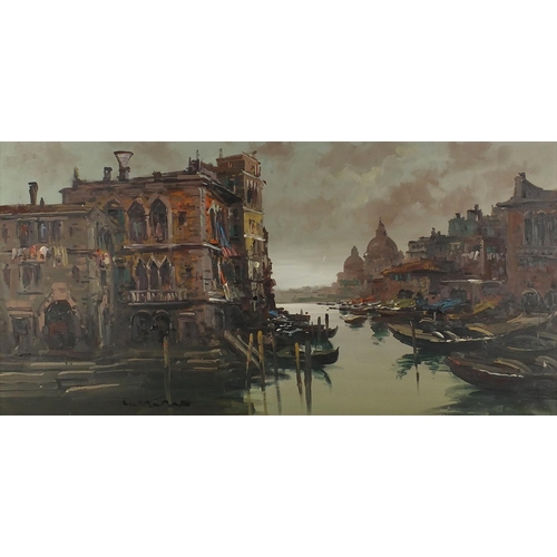 51 - Venetian scene with gondolas, oil on canvas, bearing an indistinct signature, mounted and framed, 11... 