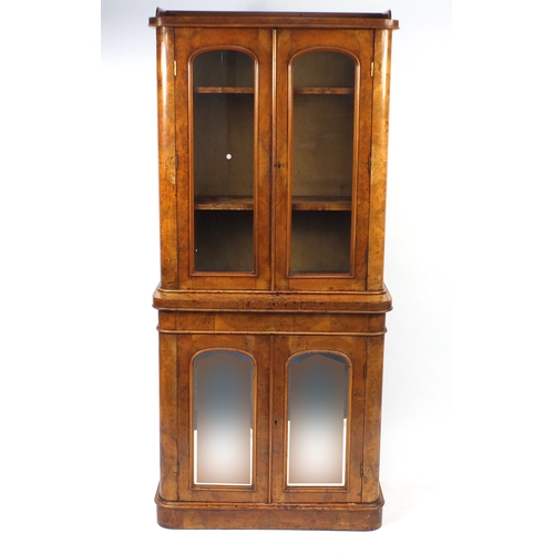 2012a - Victorian Burr walnut bookcase, with glazed and mirror doors, 178cm H x 82cm W x 40cm D