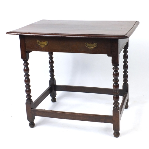 3 - Georgian oak hall table, fitted with a frieze drawer and raised on bobbin turned legs, 73cm H x 83cm... 