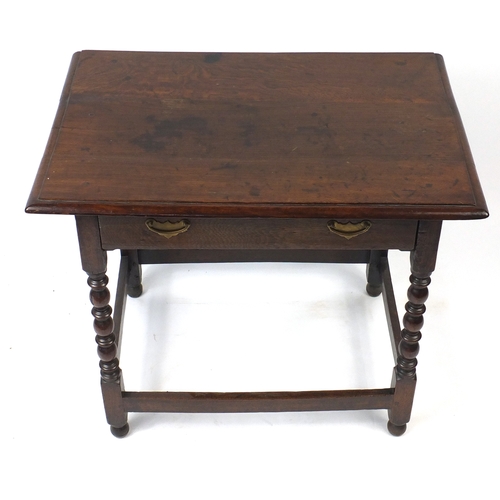 3 - Georgian oak hall table, fitted with a frieze drawer and raised on bobbin turned legs, 73cm H x 83cm... 