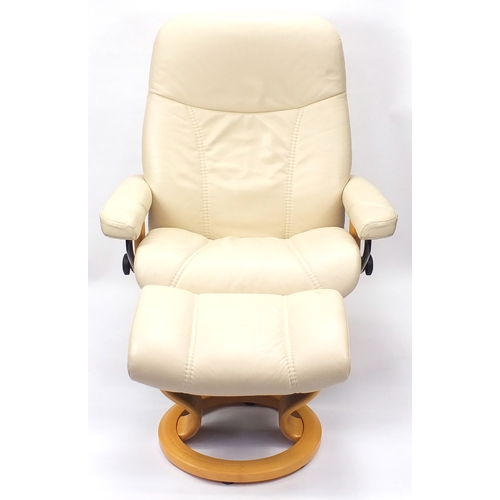 15B - Stressless Ekornes cream leather chair with footstool