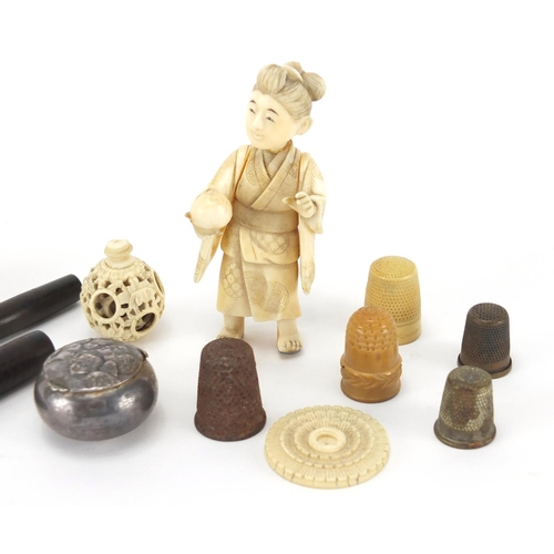 22 - Antique and later miscellaneous objects including Tunbridge Ware acorn thimble holder, Japanese carv... 