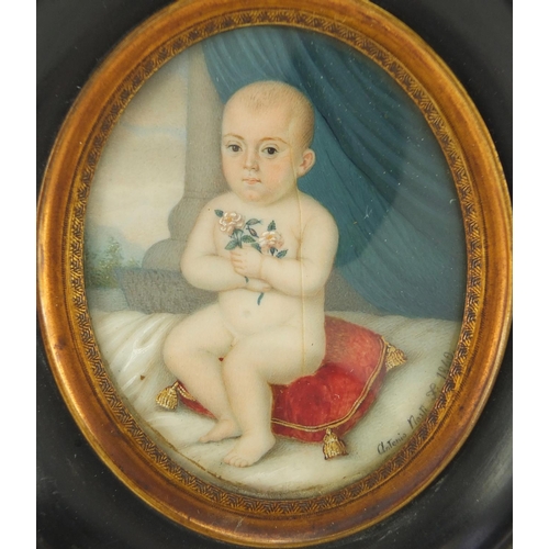 13 - 19th century oval hand painted portrait miniature of a nude young boy, inscribed Antonio Nasti 1840,... 